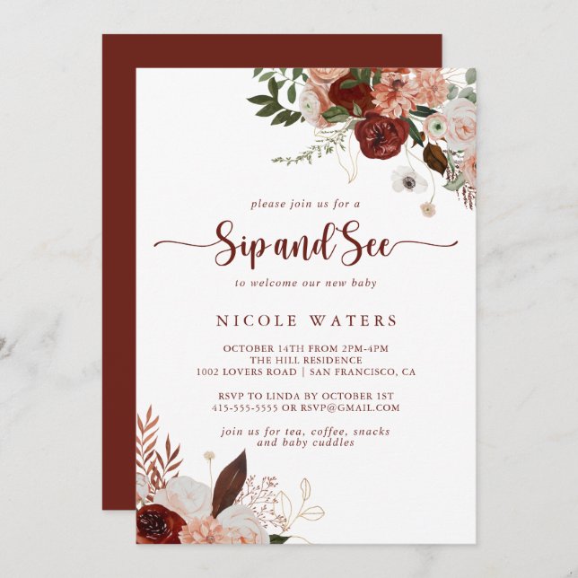 Gold Rustic Colourful Floral Sip and See  Invitation (Front/Back)