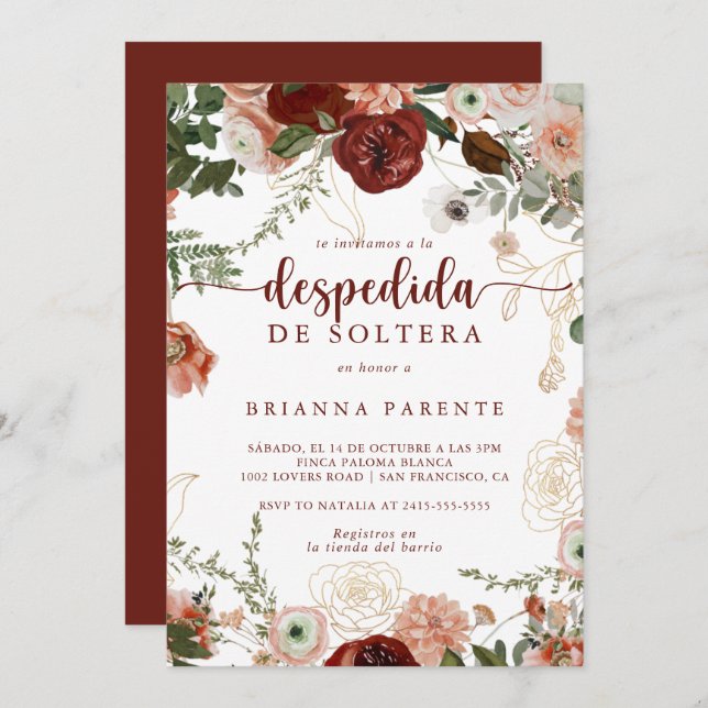 Gold Rustic Colourful Floral Spanish Bridal Shower Invitation (Front/Back)
