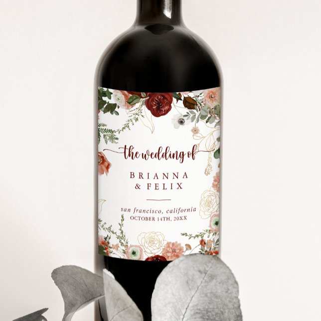 Gold Rustic Colourful Floral Wedding Wine Labels (Creator Uploaded)
