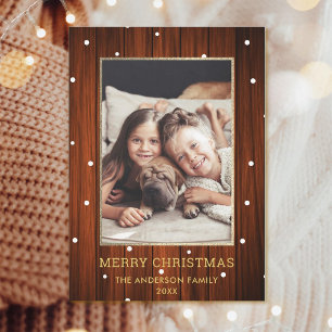Gold   Rustic Country Wood Photo Christmas Holiday Card