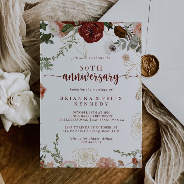 Gold Rustic Floral 50th Wedding Anniversary  Invitation (Creator Uploaded)