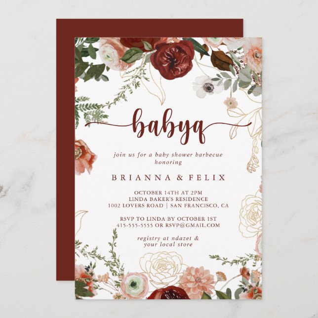 Gold Rustic Floral BabyQ Baby Shower Barbecue  Invitation (Front/Back)