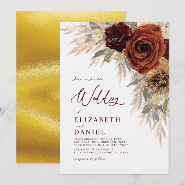 Gold Rustic Floral Pampas Grass Wedding Invitation (Front/Back)