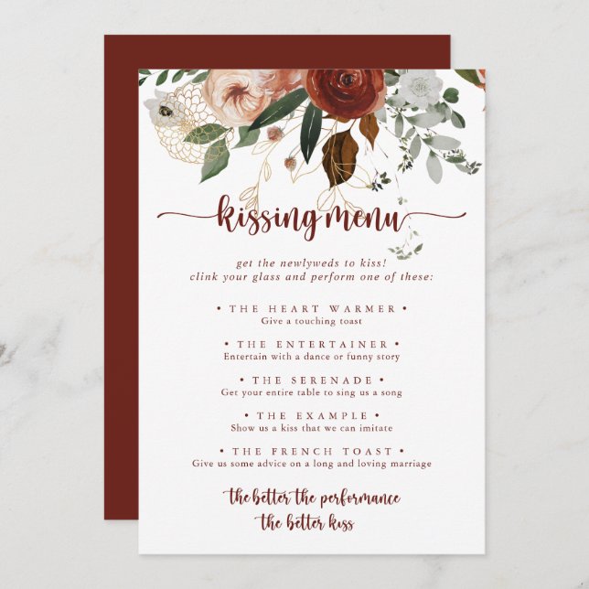 Gold Rustic Floral Wedding Kissing Menu Game Card (Front/Back)