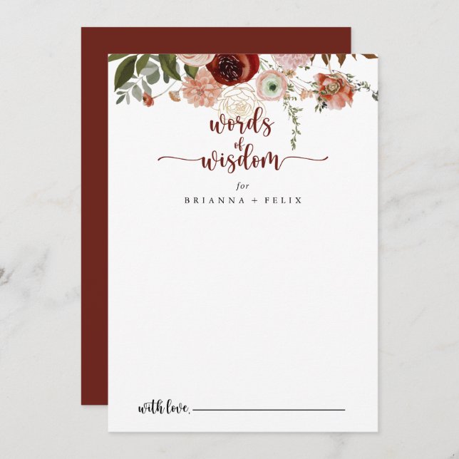 Gold Rustic Floral Wedding Words of Wisdom   Advice Card (Front/Back)