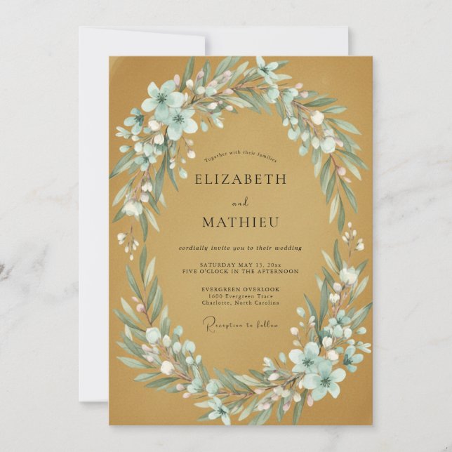 Gold Rustic Floral Wreath Wedding Invitation (Front)