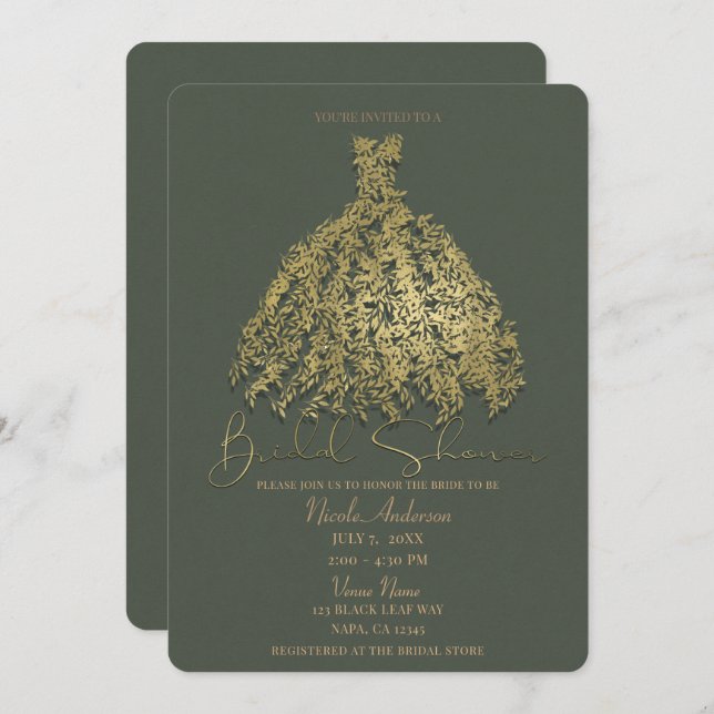 Gold & Rustic Green Botanical Dress Bridal Shower Invitation (Front/Back)
