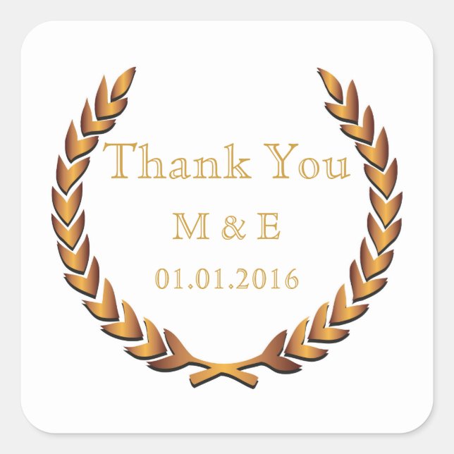Gold Rustic Laurel Wreath Personalised Thank You Square Sticker (Front)