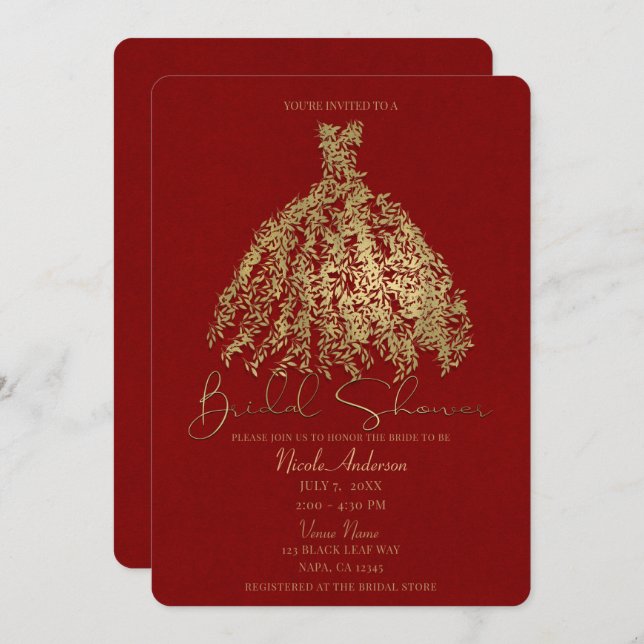 Gold & Rustic Red Botanical Dress Bridal Shower Invitation (Front/Back)