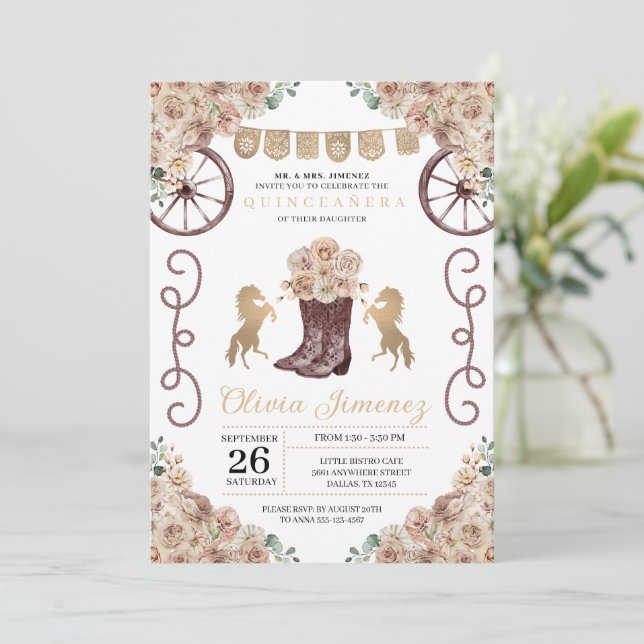 Gold Rustic Western Cowboy Boots Quinceañera Invitation (Standing Front)