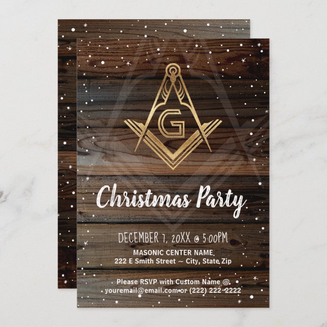 Gold Rustic Wood Holiday Masonic Christmas Party Invitation (Front/Back)