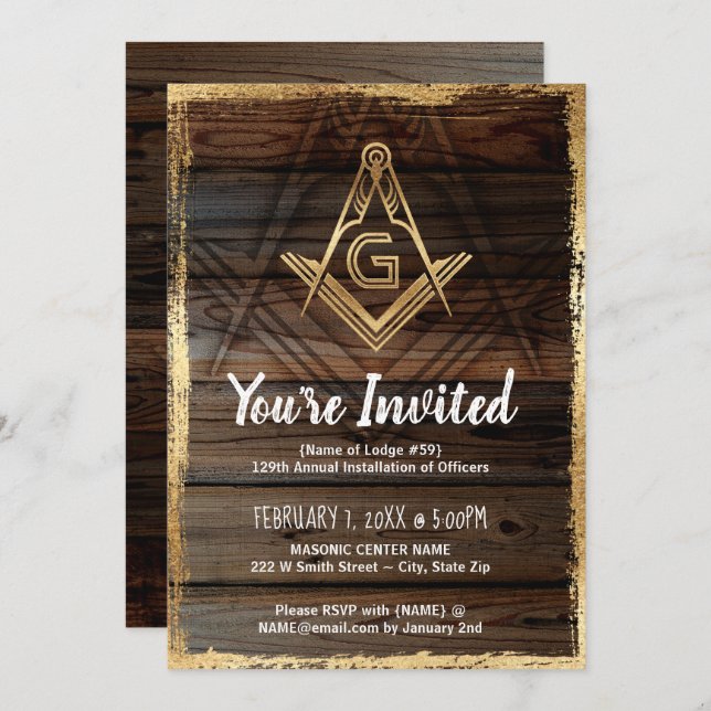 Gold Rustic Wood Masonic Invitations | Freemasonry (Front/Back)