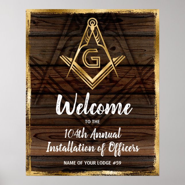 Gold Rustic Wood  Masonic Welcome Party Poster (Front)