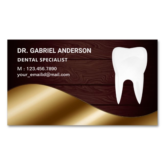 Gold Rustic Wood Tooth Dental Clinic Dentist Magnetic Business Card (Front)