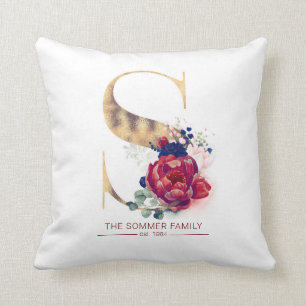 Gold S Monogram Floral Burgundy Red and Navy Blue Cushion