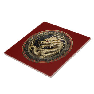 Gold Sacred Eastern Dragon Medallion Ceramic Tile