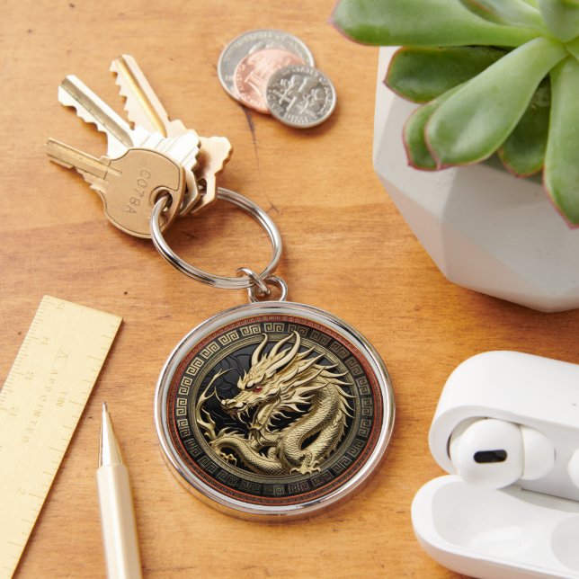 Gold Sacred Eastern Dragon Medallion Key Ring (Desk)