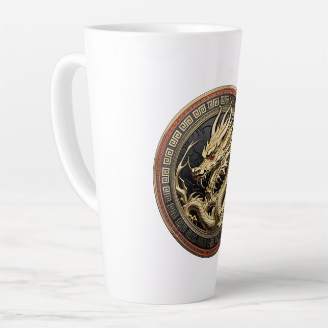 Gold Sacred Eastern Dragon Medallion Latte Mug (Left Angle)