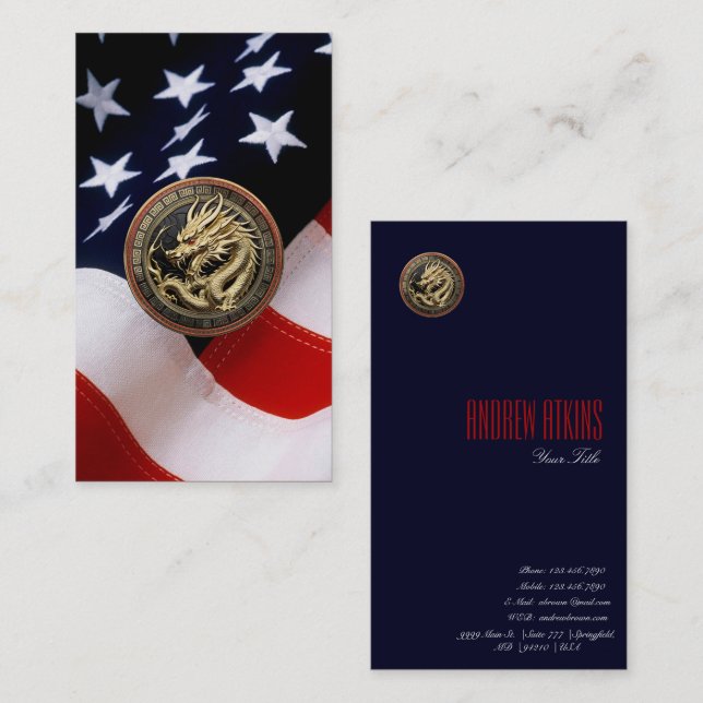 Gold Sacred Eastern Dragon Medallion on Red Velvet Business Card (Front/Back)