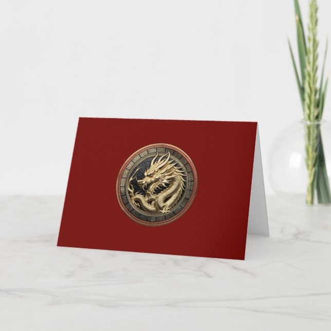 Gold Sacred Eastern Dragon Medallion on Red Velvet Thank You Card (Front)