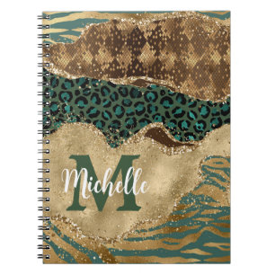 Gold Safari Animal Gold Glitter Agate Monogram Notebook