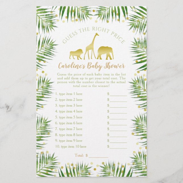 Gold Safari Animals Baby Shower Guess Price Game (Front)