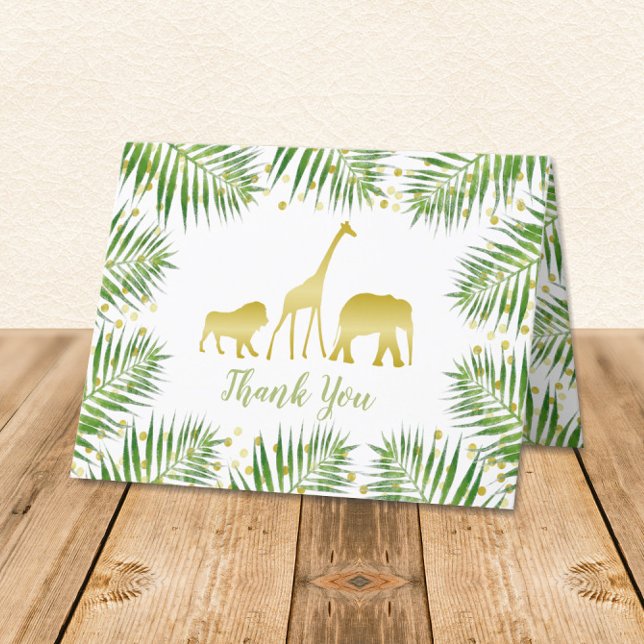 Gold Safari Animals Baby Shower Thank You Card (Tropical Safari Animals gold and green with palm branches Folded Thank You Card)