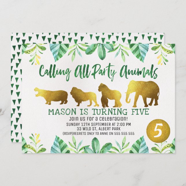 Gold Safari Animals Birthday Invitation (Front/Back)