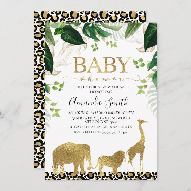 Gold Safari Animals Foliage Baby Shower Invitation (Front/Back)