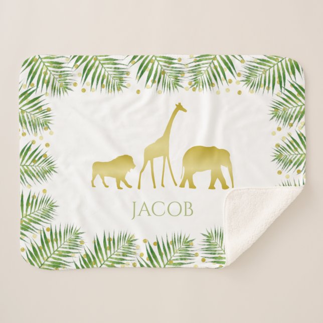 Gold Safari Animals Tropical Baby Room Nursery Sherpa Blanket (Front (Horizontal))