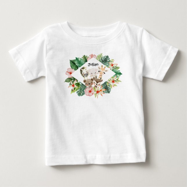 Gold Safari Friends | Watercolor Floral Greenery Baby T-Shirt (Front)