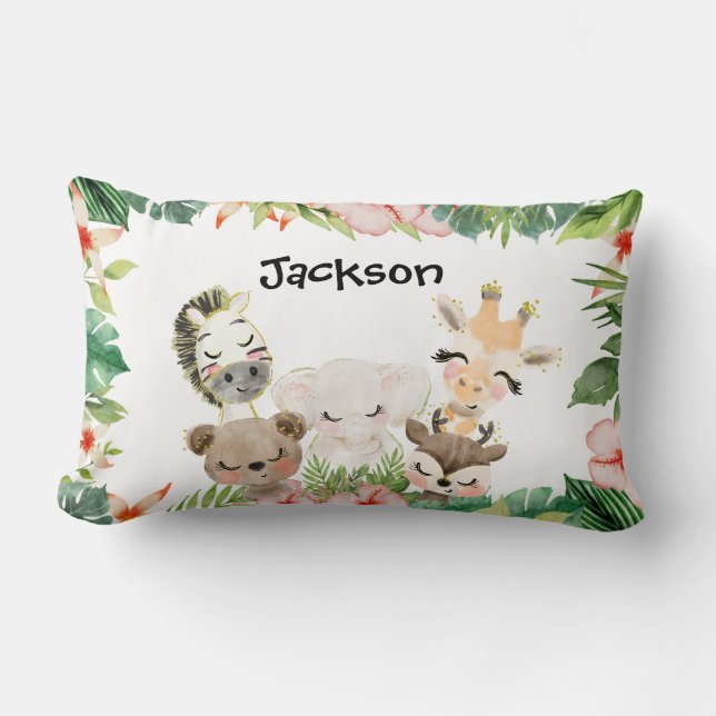 Gold Safari Friends | Watercolor Floral Greenery Lumbar Cushion (Front)