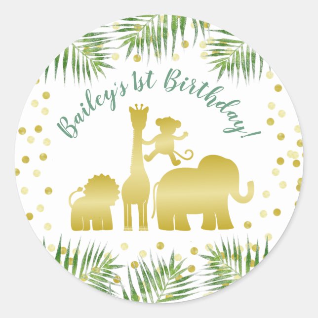 Gold Safari Wild One Animals Birthday Classic Round Sticker (Front)