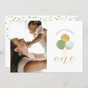 Gold & Sage Balloons   Boy 1st Birthday Party Invitation