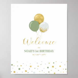 Gold & Sage Balloons Boy 1st Birthday Welcome Poster