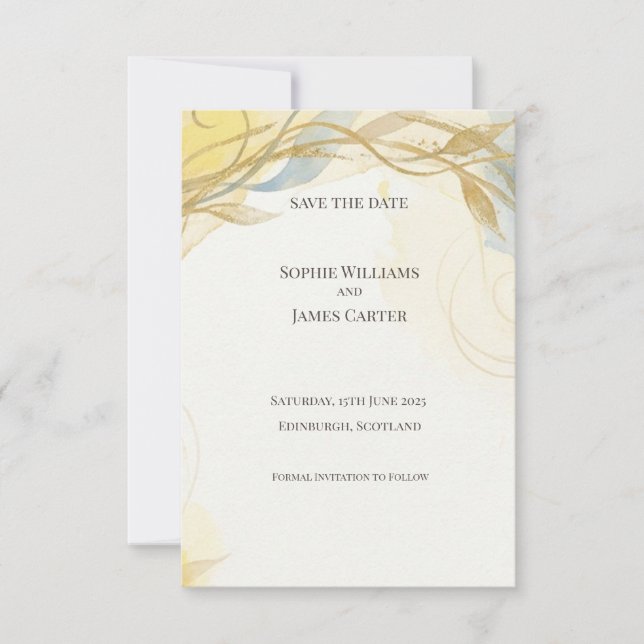 Gold Sage Botanical Save the Date Card (Front)
