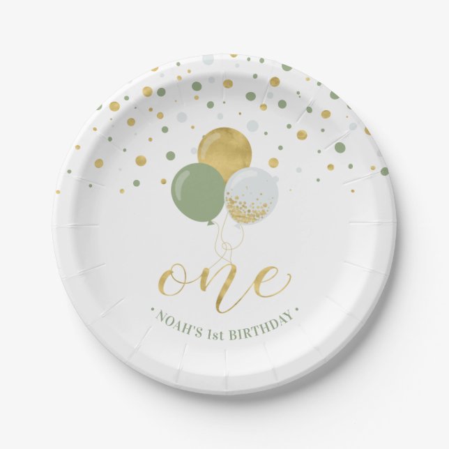 Gold & Sage Confetti Balloons 1st Birthday Party Paper Plate (Front)