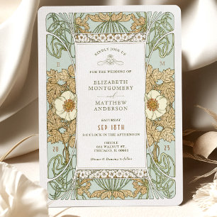 Gold Sage Green Art Nouveau Alphonse Mucha Wedding Invitation