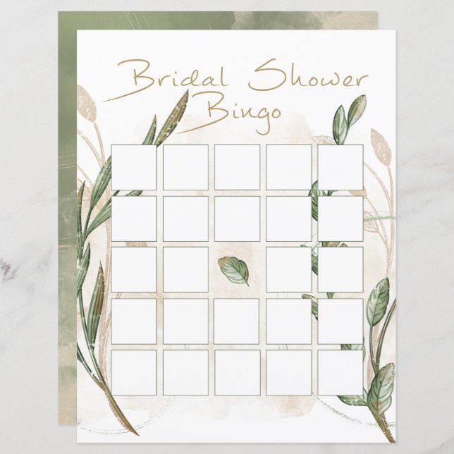 Gold Sage Green Floral Bridal Shower Bingo (Front/Back)