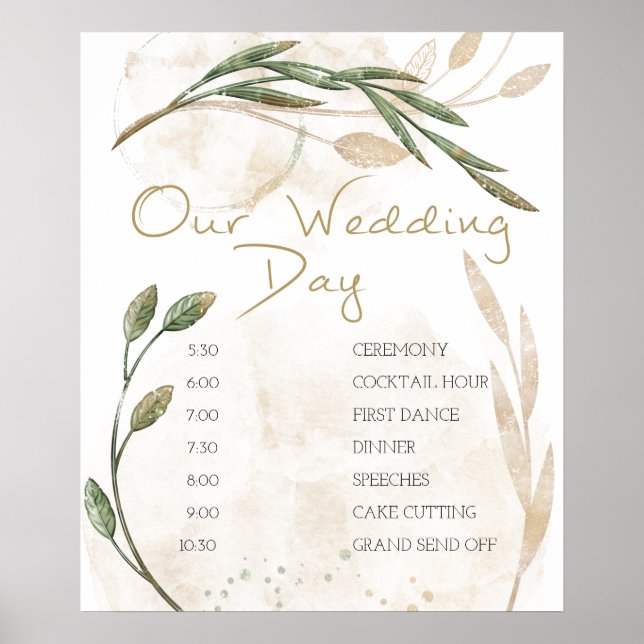 Gold Sage Green Floral Wedding Schedule Poster (Front)