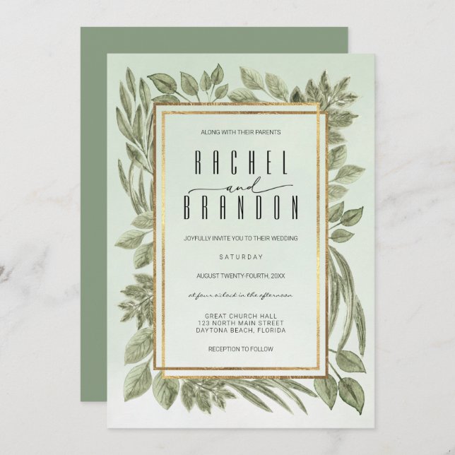 Gold Sage Green Greenery Watercolor Wedding Invitation (Front/Back)