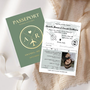Gold & Sage Green Passport Wedding Invitation