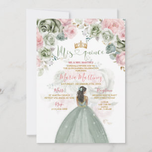 Gold Sage Green & Pink Floral Princess Mis Quince Invitation
