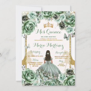 Gold Sage Green Princesa Quinceañera Flowers Invitation