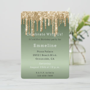 Gold Sage Green Sparkle Glitter Drips Birthday Invitation