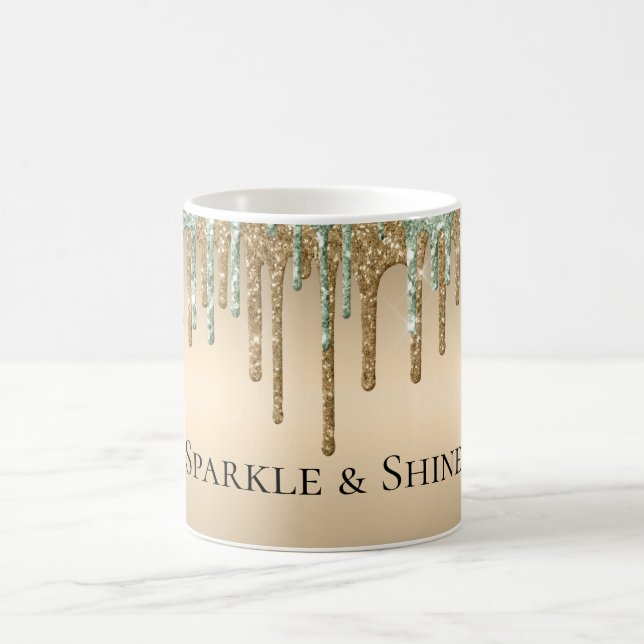 Gold Sage Green Sparkle Glitter Drips Coffee Mug (Center)