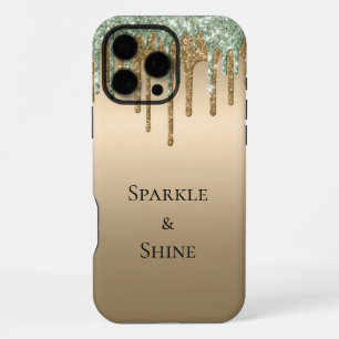 Gold Sage Green Sparkle Glitter Drips iPhone 16 Pro Max Case