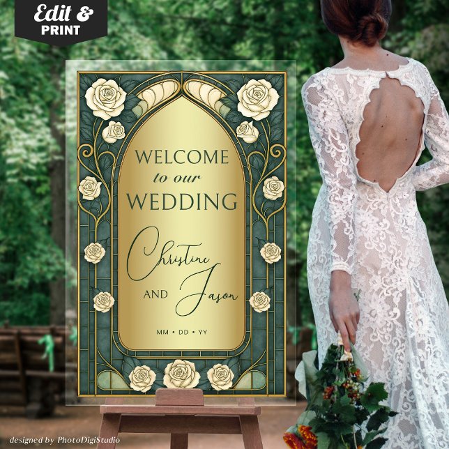Gold Sage Stained Glass Floral Wedding Welcome  Acrylic Sign (Gold Sage Stained Glass Floral Wedding Welcome Acrylic Art Nouveau Sign )