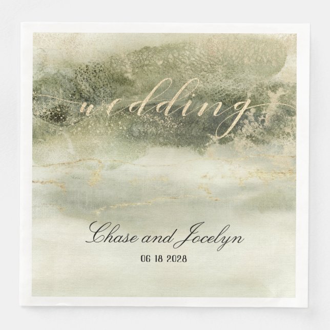 Gold & Sage Watercolor Wave Calligraphy Wedding Pa Napkin (Front)