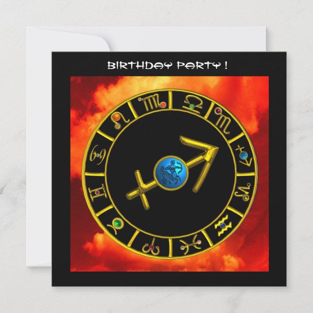 GOLD SAGITTARIUS JEWEL ZODIAC BIRTHDAY SIGNS,Black Invitation (Front)